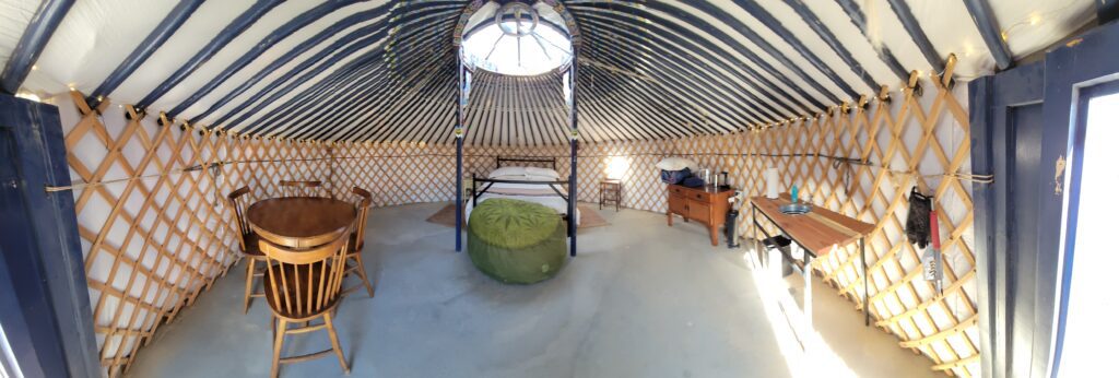 Panoramic view inside yurt